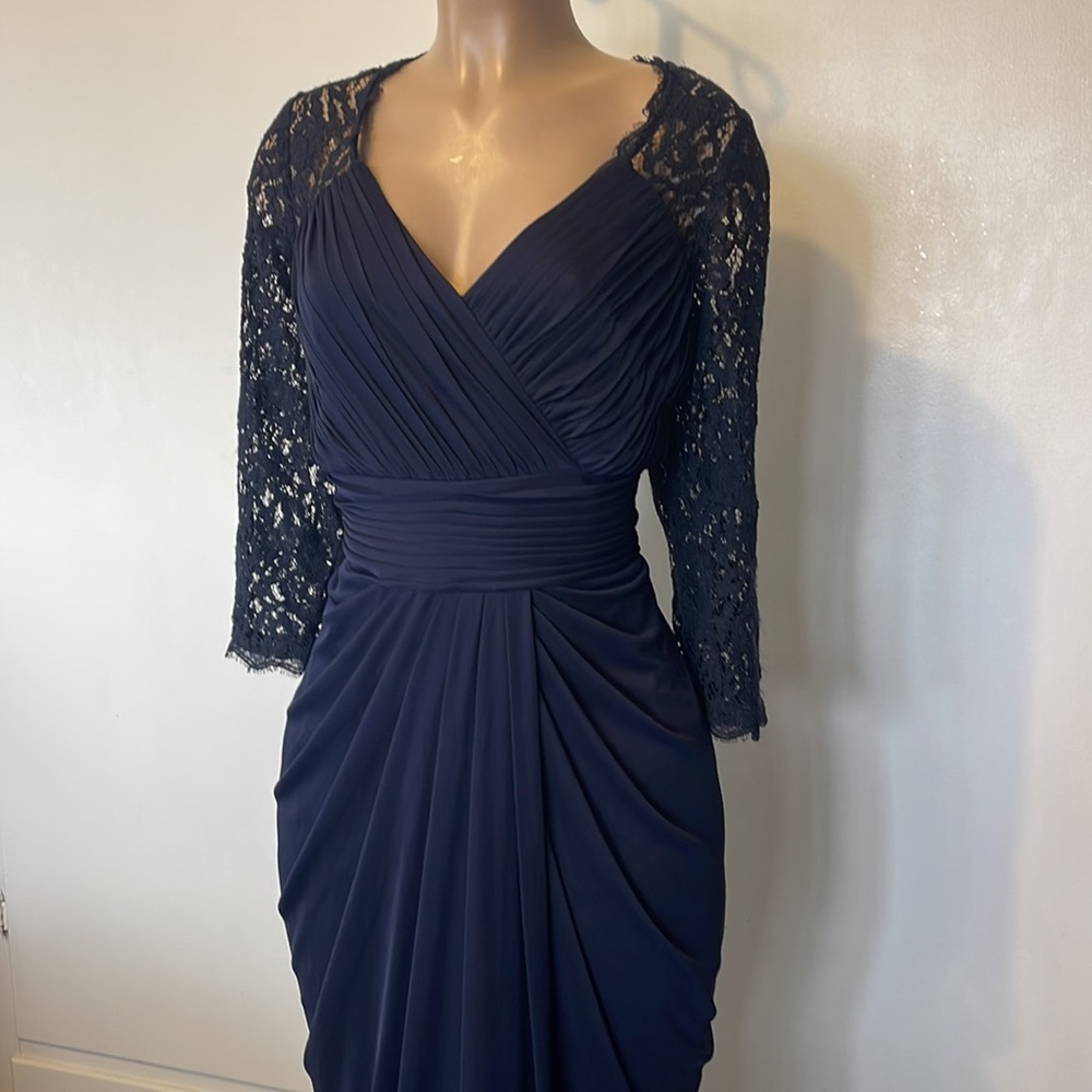 Adrianna Papell Deep Blue Lace Sleeve Maxi Dress